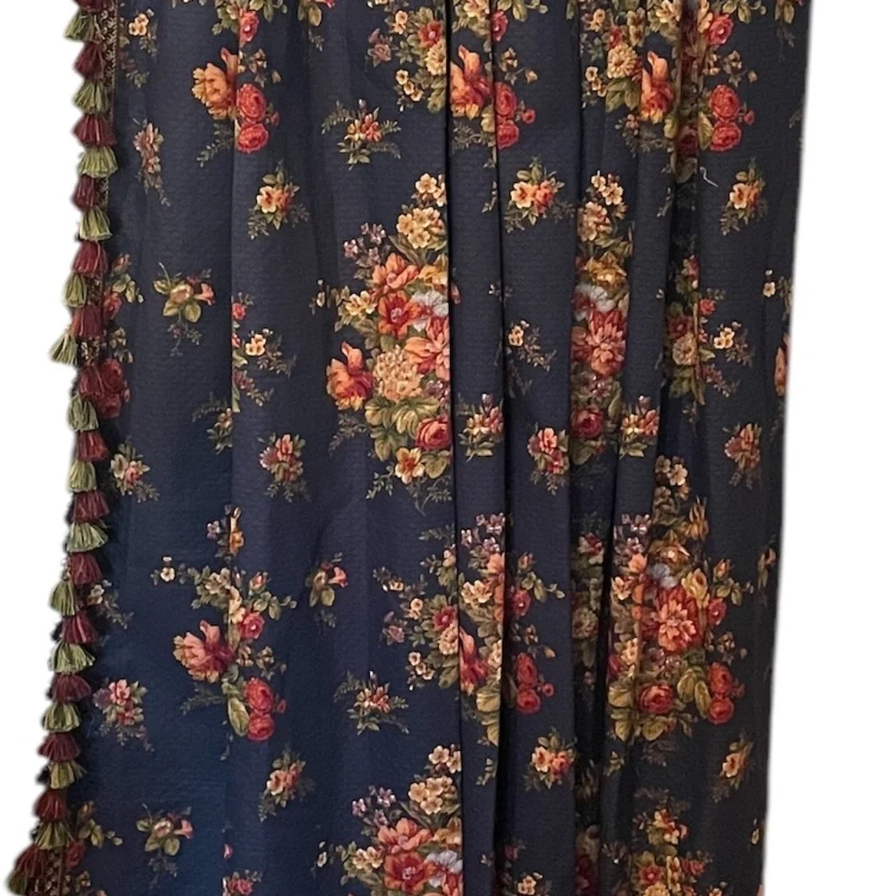 Vintage Custom‎ Designer Pleated Floral Blue 3 panels Curtains Drapery